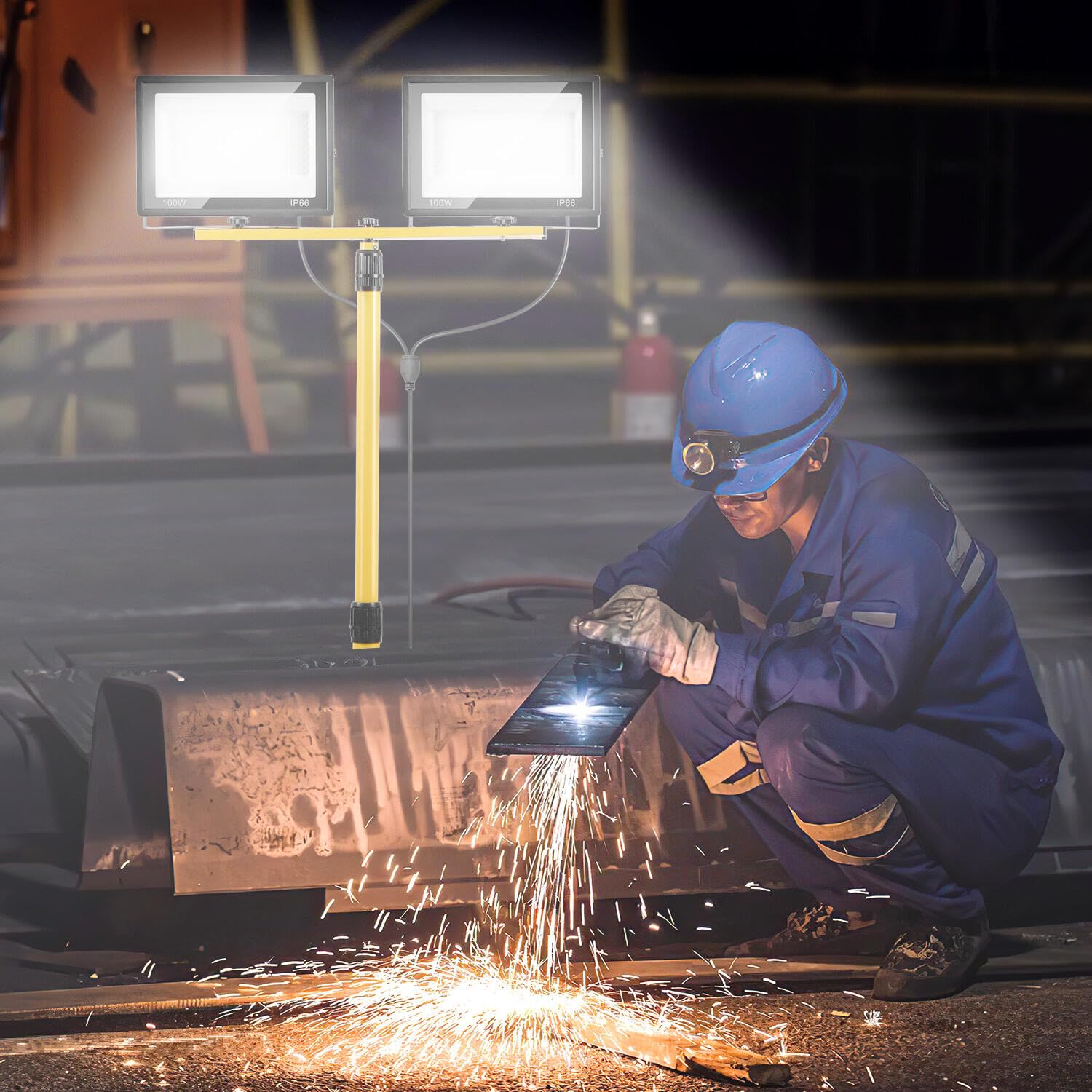2x100W Faretto da Cantiere LED con Supporto, 8500LM 6500K Bianco Freddo Faretto LED, Regolabile in Altezza, Direzione Regolabile, con Cavo da 3m e Spina, Impermeabile IP66 per Interno ed