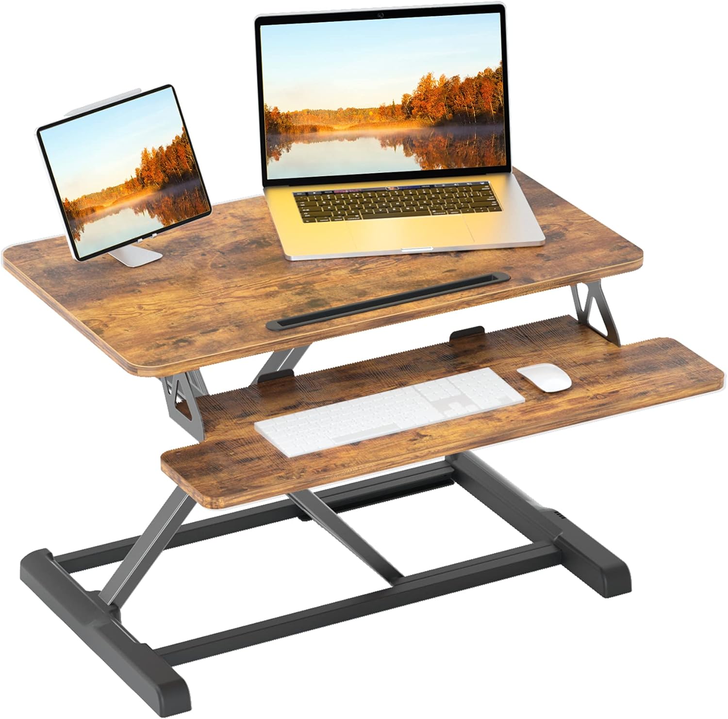 FEZIBO Standing Desk Converter, 28 Inch Height Adjustable Desk Riser with Deep Keyboard Tray, Sit Stand Desk for Home and Office, Modern Ergonomic Computer Workstation, Rustic Brown : Office Products