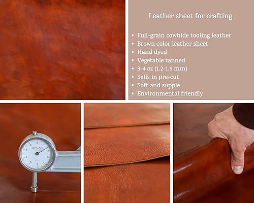 Miniatura 2 de Hoja de cuero curtido vegetal de grano completo cuadrado de 0.047-0.063 in (3-4oz) de grosor para manualidades de cuero (6 x 12 pulgadas, coñac)