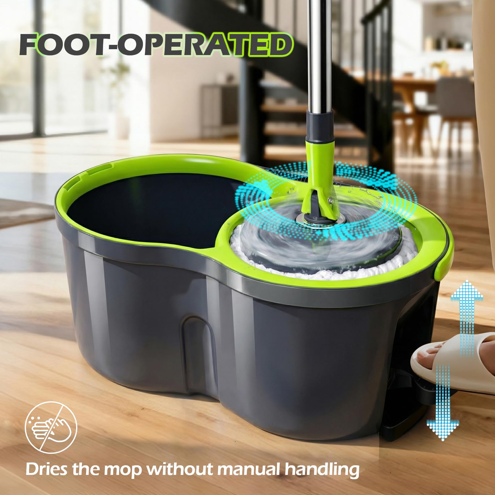 Masthome Juego de Fregona y Cubo,Sistema de Cubo de Fregona Giratoria,con 3 Almohadillas de fregona,2 en 1 Fregonas y Cubos Escurrefacil con Pedal,Adecuado para el hogar o la Oficina — view 3