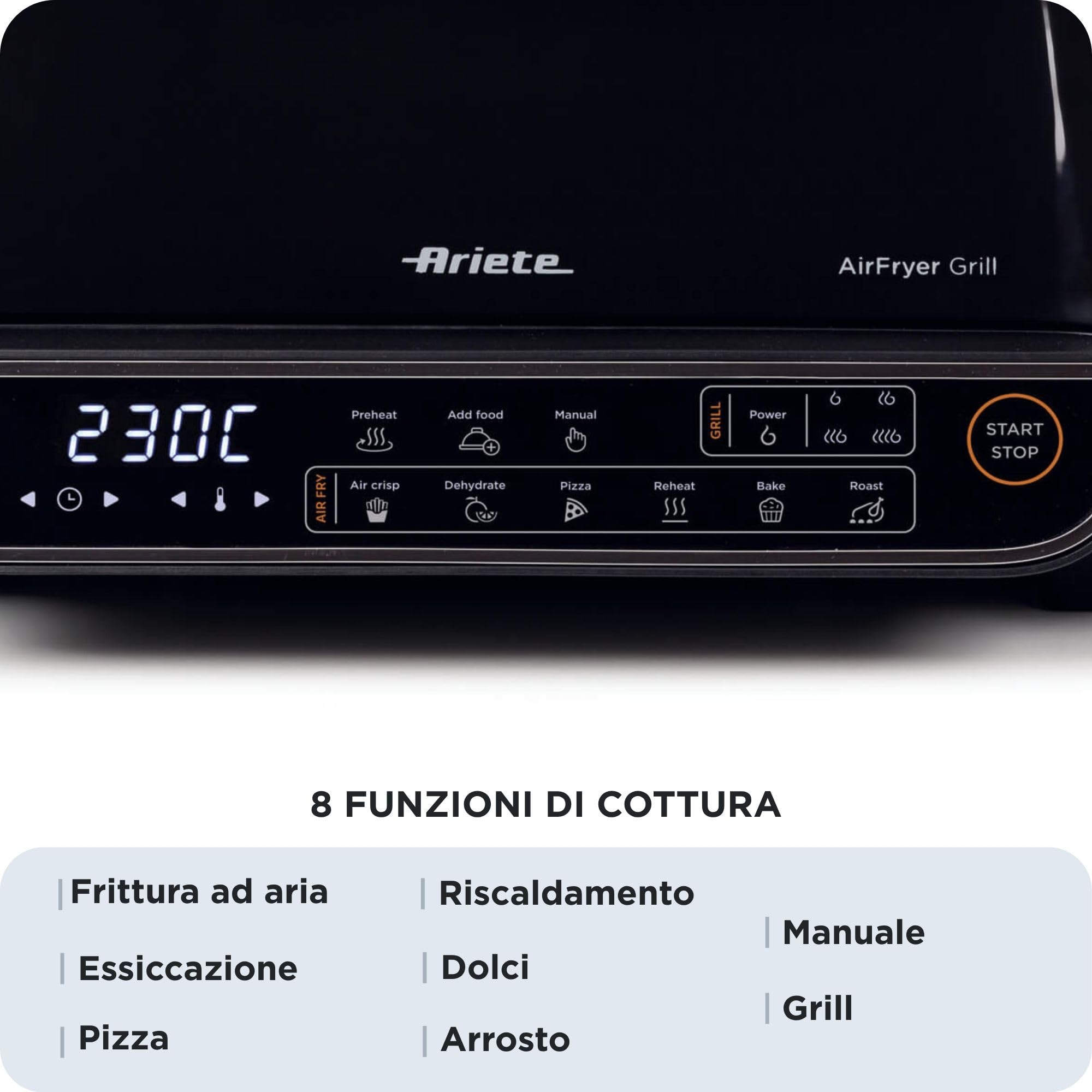 Ariete 4635 Air Fryer Grill, Friggitrice ad aria e Griglia, Bistecchiera,1700W, Capacità 8L, Friggi e Griglia, 8 funzioni di cottura, Timer, Nero