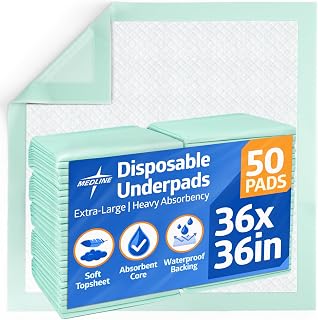 Medline Super Absorbent Underpads 36x36 Extra Large, 50 Ct Disposable Bed Pads for Incontinence, Pets, Kids, Leakproof Protection