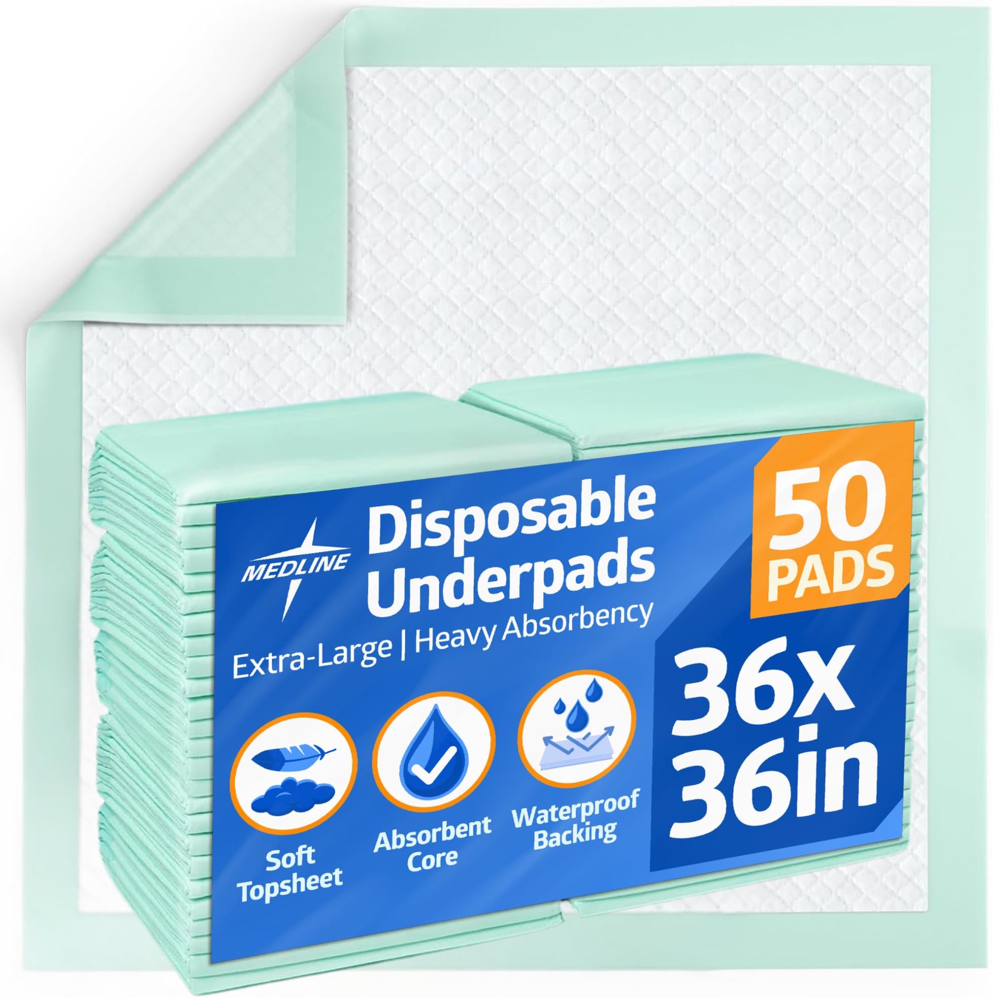 Medline Super Absorbent Underpad, 36" x 36", 50 Count, Extra Large Disposable Incontinence Pads, Protective Bed Pads, Chucks, For Kids, Adults, Elderly, Furniture & Surface Protection Pee Pad