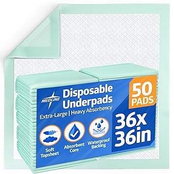Medline Super Absorbent Underpad, 36" x 36", 50 Count, Extra Large Disposable Incontinence Pads, Protective Bed Pads, Chucks, For Kids, Adults, Elderly, Furniture & Surface Protection Pe...