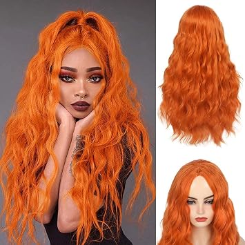 Long Curly Wavy Orange Wig Middle Part Synthetic Hair Replacement Wig for Cosplay Daily Use