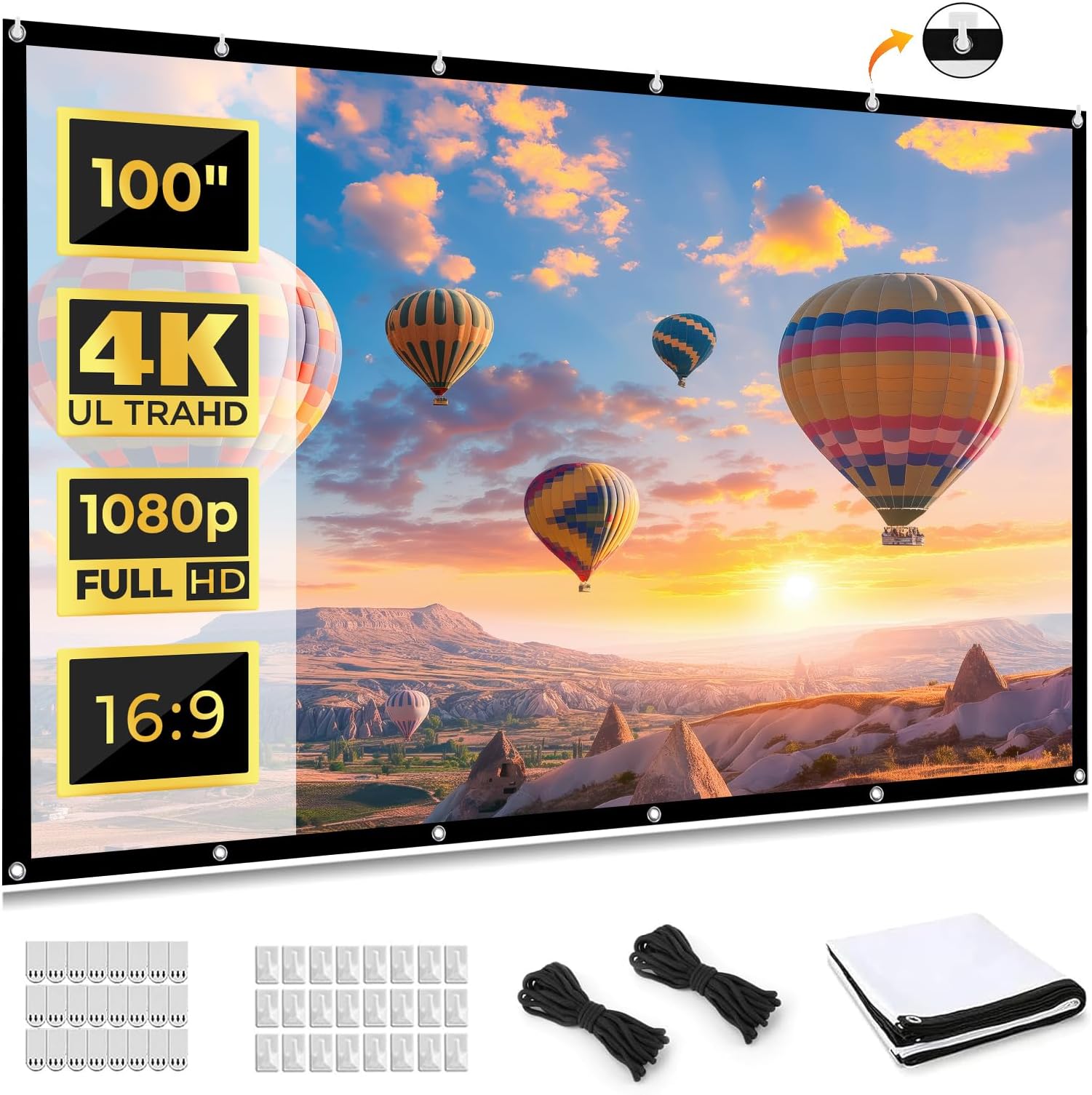 Projection Screen Outdoor, iSinbox 100inch Portable Projector Screen 16:9 HD Foldable Anti-Crease Indoor Double Sided Movie Projector Screen for Home, Party, Office, Classroom