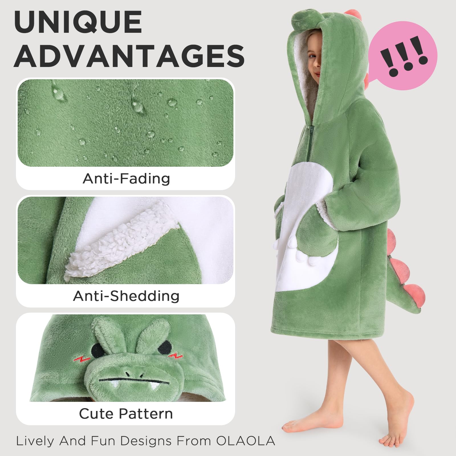 OLAOLA Dinosaur Oversized Blanket Hoodie for Kids Sherpa Fleece Wearable Blanket with Sleeves & Pockets Soft Warm Cosy Hooded Sweatshirt Fluffy Wearable Throw for Girls Boys - Image 3