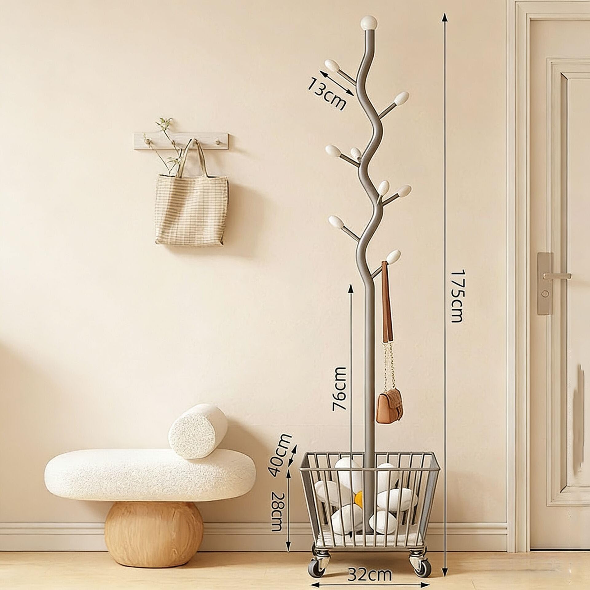 Perchero en forma de árbol con cesta de almacenamiento, colgador independiente, 9 ganchos y ruedas con cerradura para entrada, dormitorio