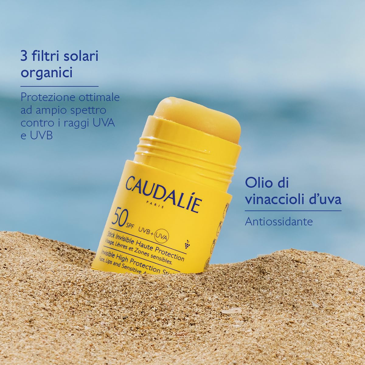 Caudalie Stick Invisibile ad Alta Protezione SPF50 – Olio di Vinaccioli, Filtri Solari Organici, Senza Profumo, Resistente all'Acqua, Adatto a Tutta la Famiglia, Vegano, PA++++
