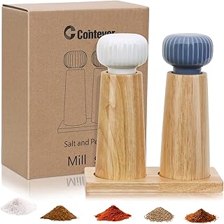 Drewniany młynek do soli i pieprzu, zestaw 2 szt. z regulacją grubości ceramiczny mechanizm mielący, taca i szczotka do czyszczenia, do soli, pieprzu, chilli, bez plastiku (17 cm)