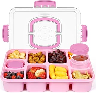 Caperci Original Snackle Box Container - 10-Compartment Divided Snack Serving Tray with Lid & Handle, 2 Dressing Containers, Leak-Proof, Dishwasher Safe, BPA-Free (Rose Pink)