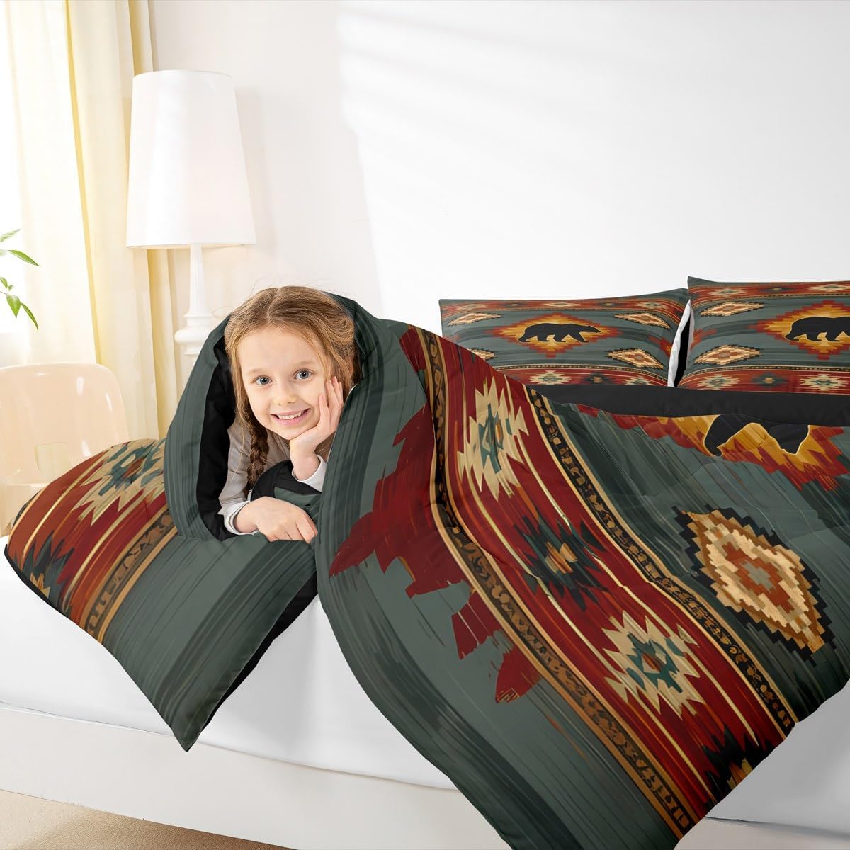 Feelyou Bear Comforter Set Queen Size Wildlife Hunting Bedding Set for Kids Boys Girls Southwestern Duvet Quilt Tribal Exotic Bedroom Decor Microfiber 3 Pcs with 2 Pillow Cases