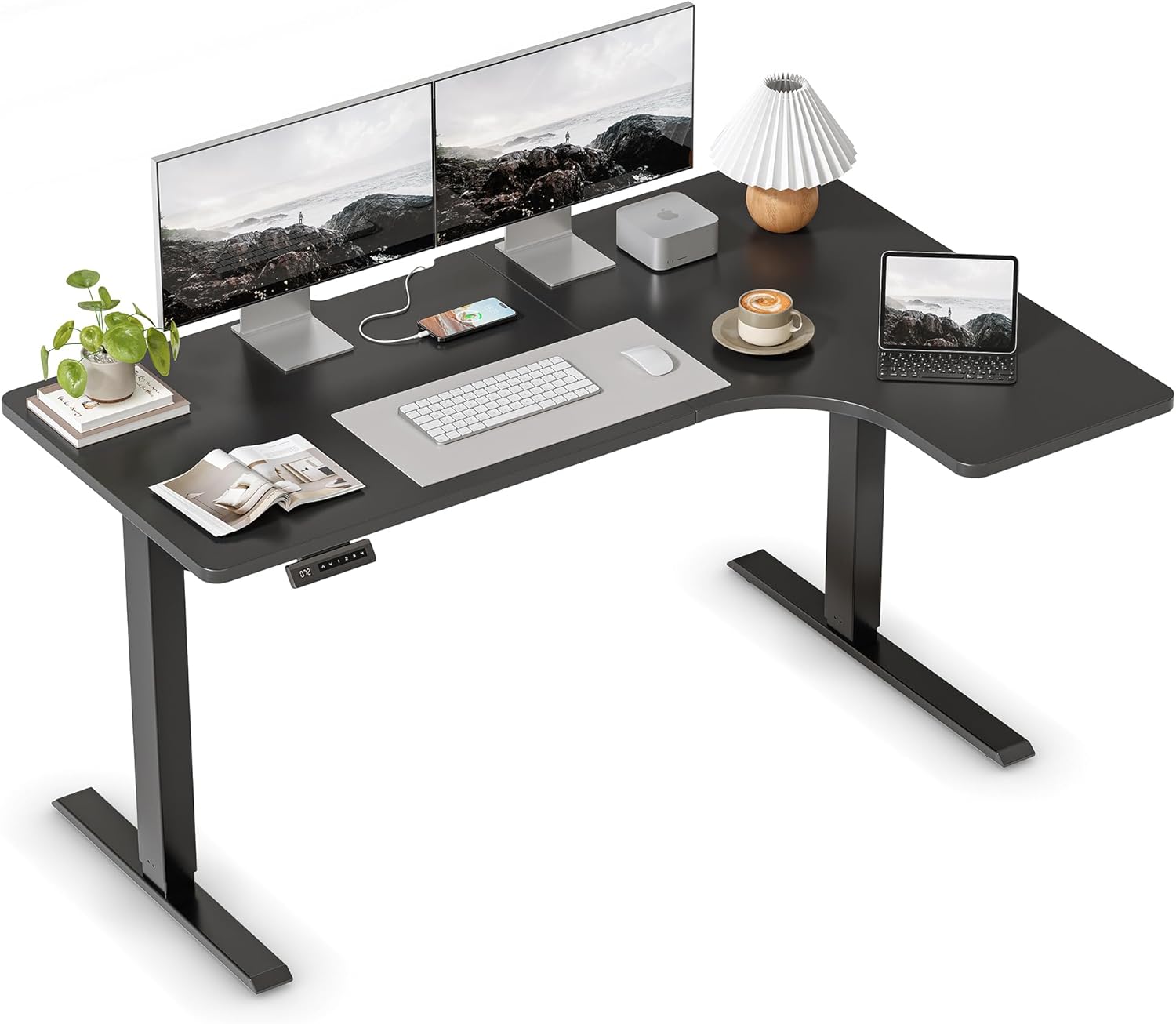 FEZIBO L Shaped Electric Corner Standing Desk, 5532 inch Home Office & Computer Height Adjustable Table with 4 Memory Height Settings, Ergonomic Sit and Stand Desk with Splice Board, Black Top