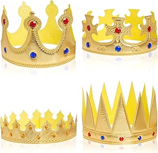 tiggell 4pcs King Crowns Queen Costume Crown Hat for Royal Halloween Cosplay Birthday Party Photo Props (56 cm/22 inches, Gold)