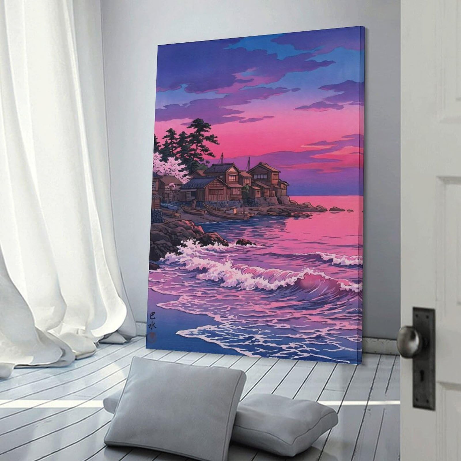 Junmoney Canvas Wall Picture Japanese Coastal Village at Sunset, 12x18inch(30x45cm), for Office, Study Or Home Workspace, Canvas Wall Decor for Creative Rooms