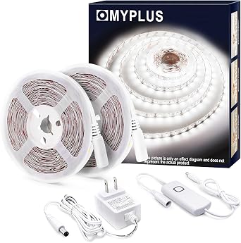 MYPLUS 32.8 FT White Strip Lights, Dimmable LED Tape Light 6500K Bright Daylight White, Flexible Under Cabinet Lights with 600 LEDs and UL Listed Safety Power Supply for Room,Kitchen and decor