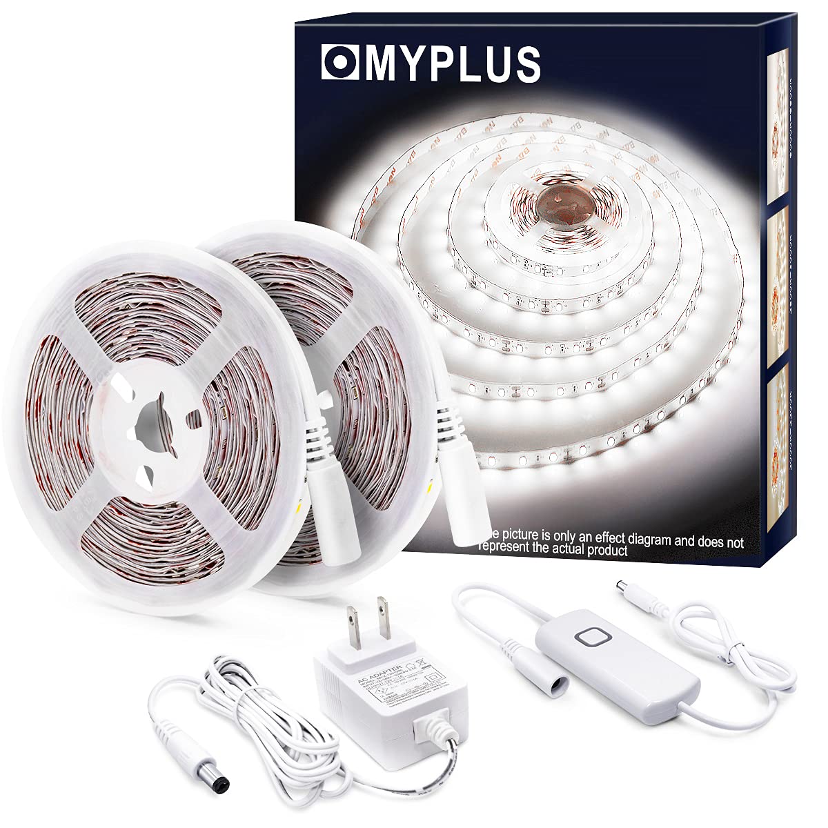 MYPLUS 32.8 FT White Strip Lights, Dimmable LED Tape Light 6500K Bright Daylight White, Flexible Under Cabinet Lights with 600 LEDs and UL Listed Safety Power Supply for Room,Kitchen and décor