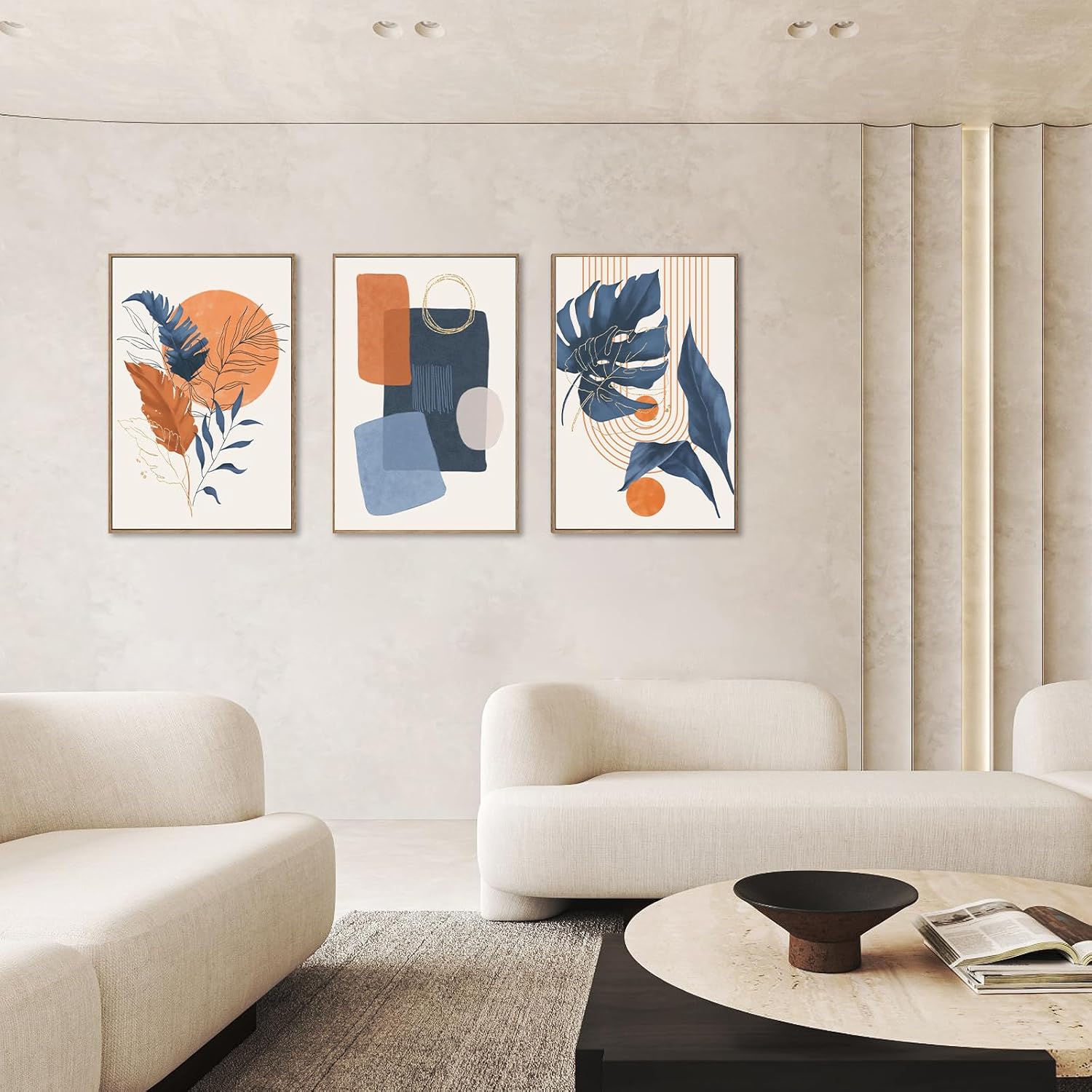 Large Boho Wall Art Set of 3, 16"x24" Mid Century Modern Wall Decor Framed Canvas Print Minimalist Wall Art Geometric Abstract Modern Neutral Boho Wall Art Decor for Living Room Bedroom Bathroom