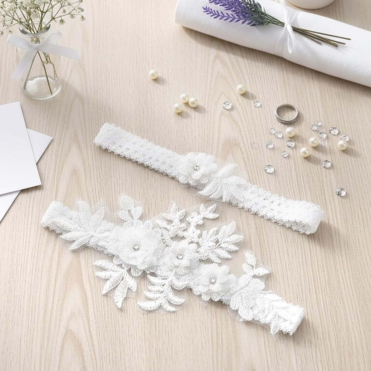 2 PCS Garters for Bride, White Wedding Garter, Stretchy Plus Size Garter, Lace Flower Leg Garters for Women Prom Wedding Day