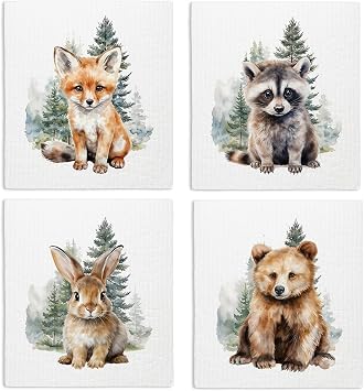 Fox Rabbit Swedish Dishcloths, 4 Pack Reusable Paper Towels | Woodland Animal Kitchen Dish Towels for Washing Dishes, Washable Sponge Cloths for Home Cleaning Cooking Baking Decor