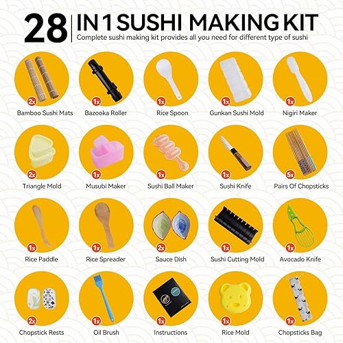 Miniatura 4 de Kit de fabricación de sushi, kit de rodillo profesional para hacer sushi con guía que incluye alfombrilla de bambú, molde de corte, cuchillo de