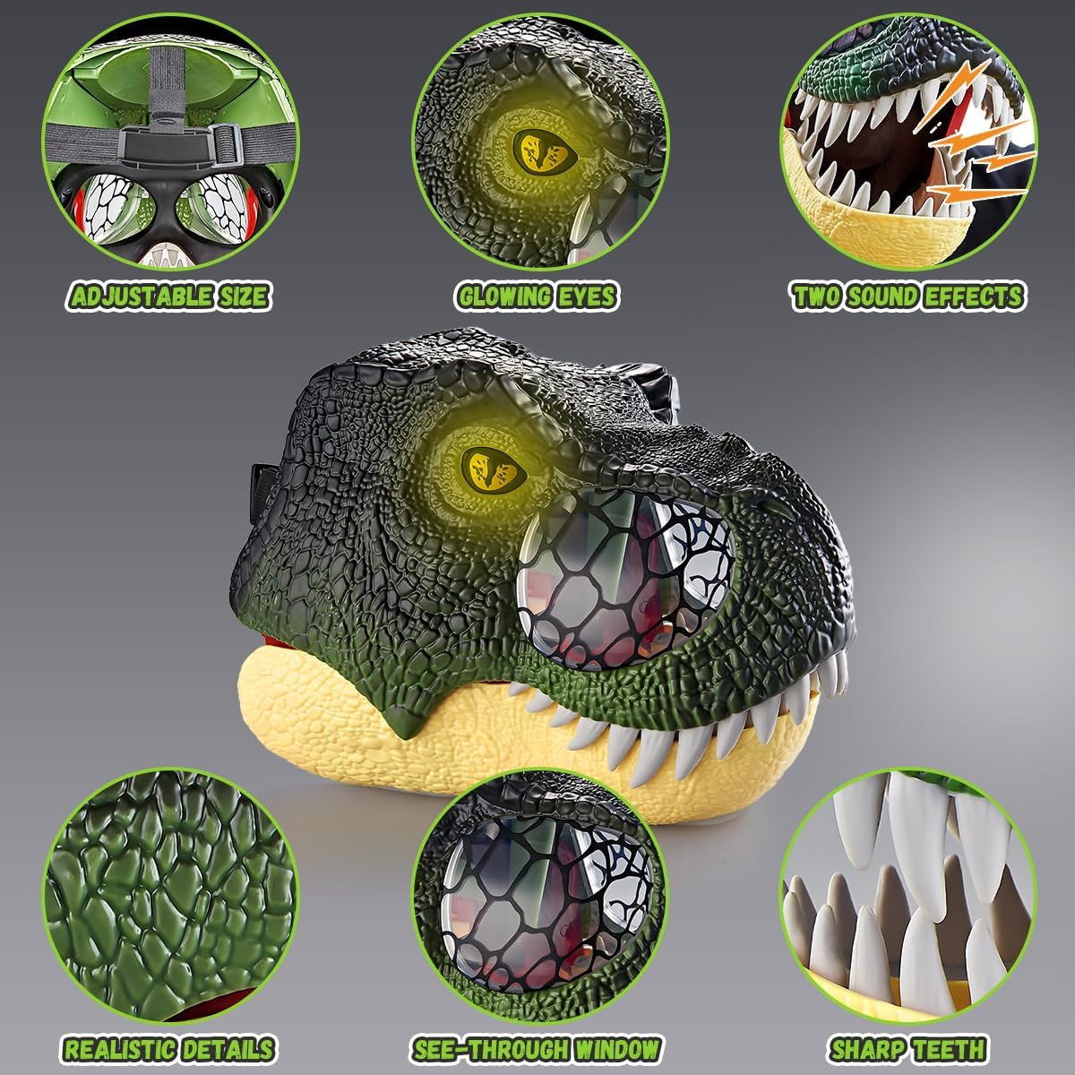 Miniatura 4 de Losbenco Máscara de dinosaurio con mandíbula móvil, máscara realista de dinosaurio con sonido y luz, velociraptor T Rex Raptor, máscara facial de