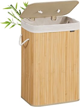 SONGMICS Panier à Linge 72 L, Bambou, Couvercle, Pliable, Couleur Boisée