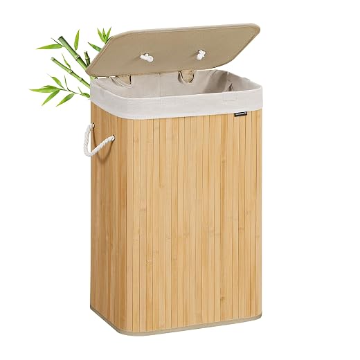SONGMICS Wäschekorb Bambus Wäschebox Wäschetruhe Wäschekiste Faltbar Wäschesammler mit herausnehmbarem Baumwolle Wäschesack Wäschetonne Naturfarben rechteckig 72 L LCB10Y