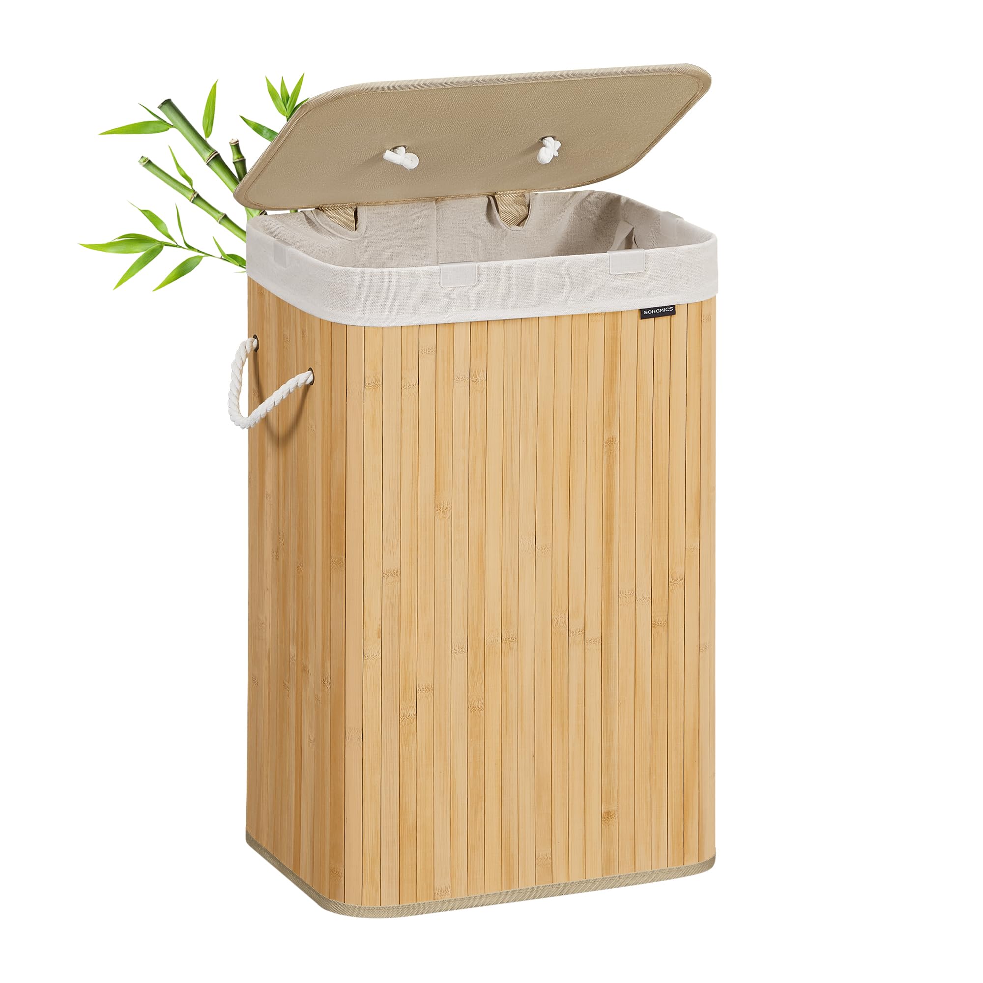 SONGMICS Panier à Linge 72 L, Corbeille Linge Sale, Couvercle, en Bambou, Poignées, Pliable, Sac Amovible Lavable en Machine, Buanderie, Chambre, Couleur Boisée LCB10YV2
