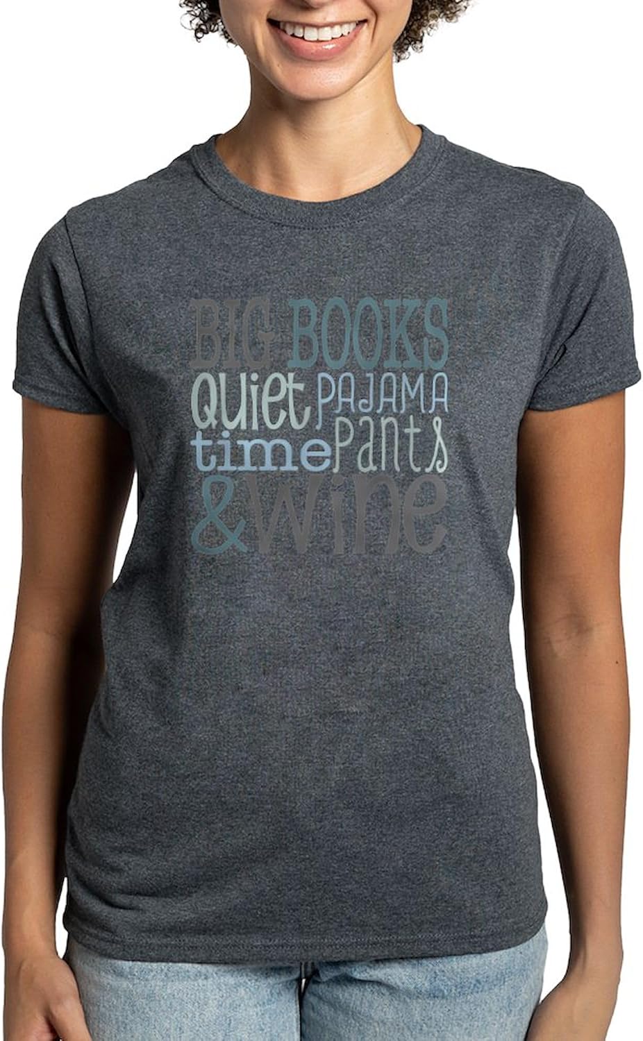 CafePress Big Books, Pajamas,Quiet, Wine Blue T Shirt Womens Classic Crew-Neck Soft Graphic T-Shirt