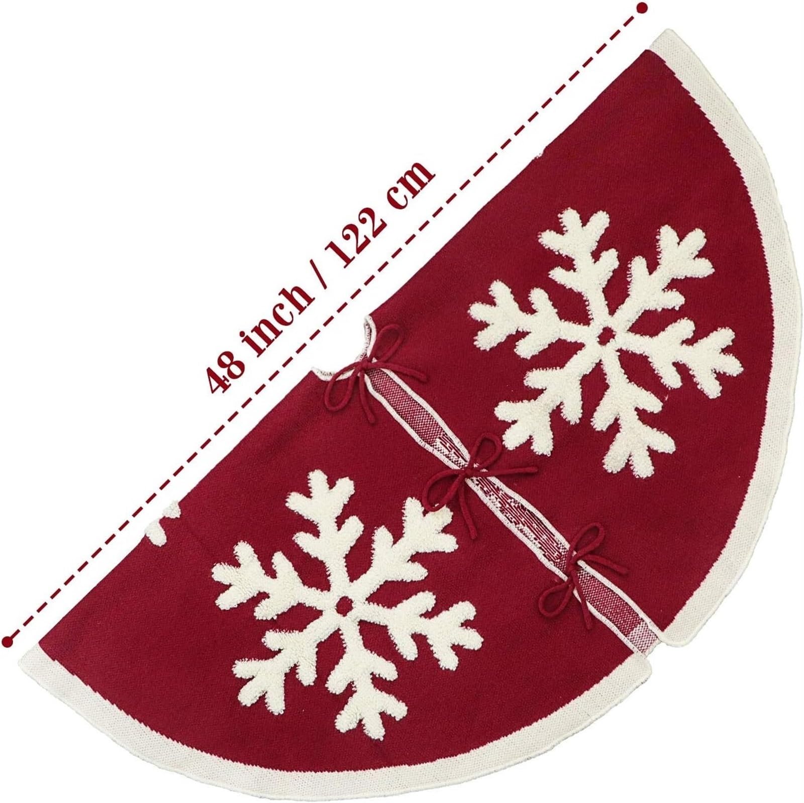 Weihnachtsbaum Rock, Gestrickter Weihnachtsbaumrock 48 Zoll Weinrote Weihnachtsdekoration Mit Weißen Schneeflocken Decke Weihnachtsbaum