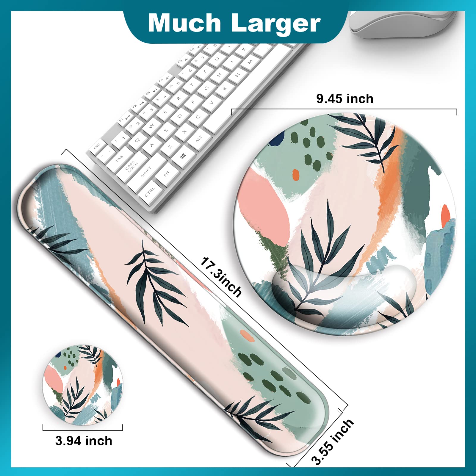 Mouse Pad Wrist Support Keyboard Wrist Rest with Coaster Set, Ergonomic Large Mouse Pad 9.45 inch, Mouse Pads for Desk, Cute Mousepad for Computer Gaming Home Office Decor-Abstract Leaves