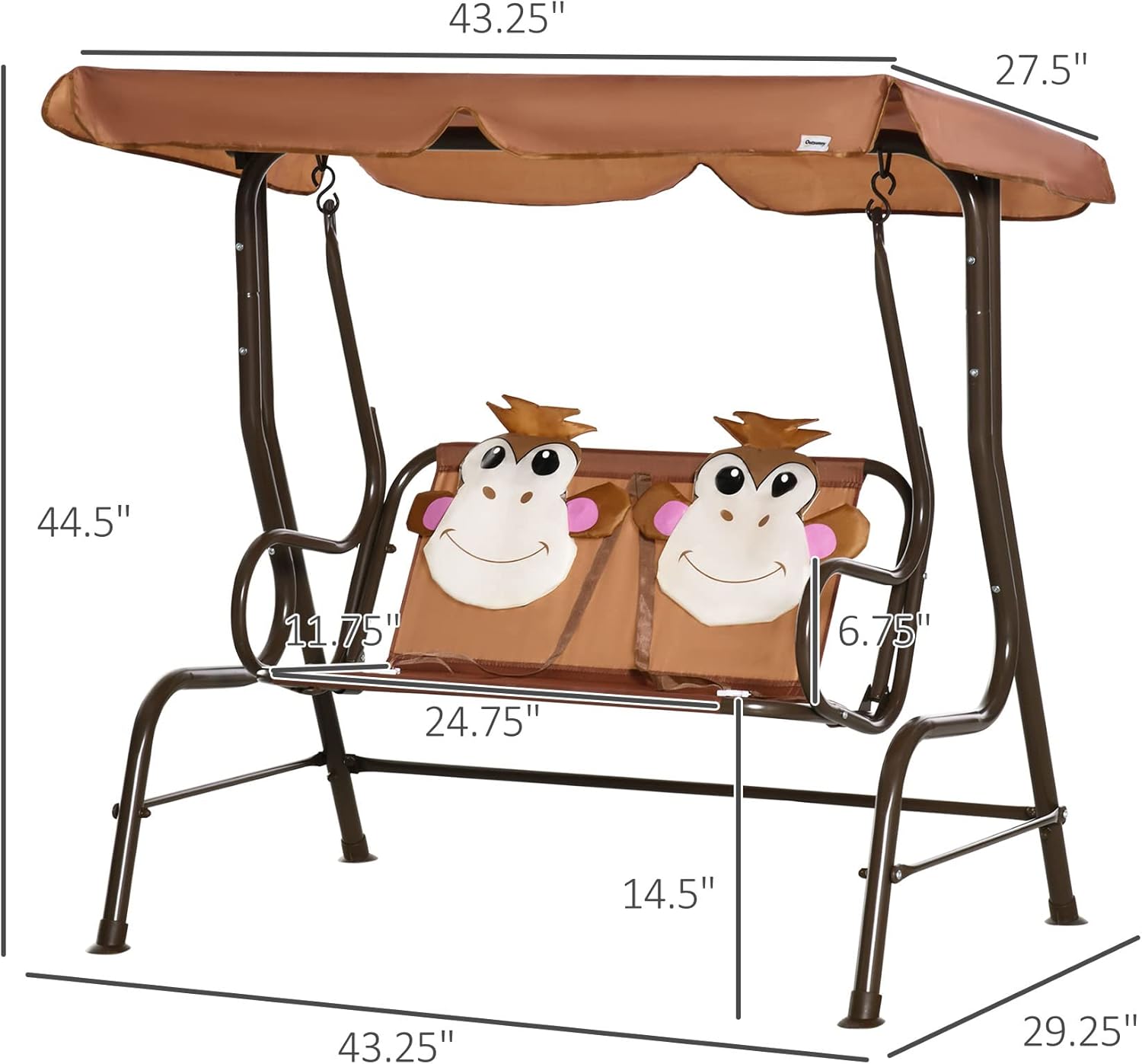 Detailed dimensions diagram for the Outsunny Kids Porch Swing.