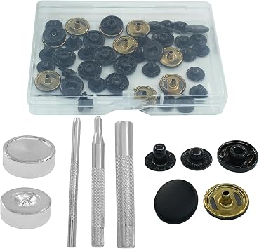 Verkelly Leather Snap Fasteners Kit, 12 Sets, 15mm, Black | Metal Snap Buttons Press Studs, 4 Setter Tools, For Clothing