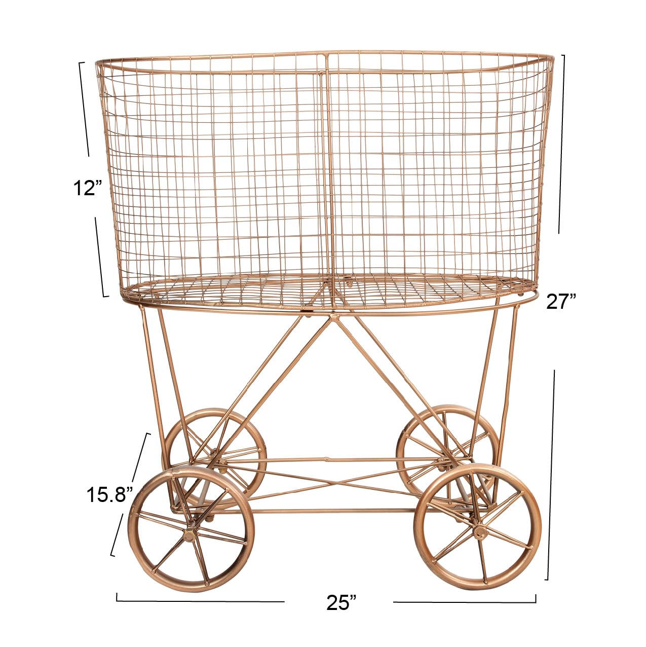 Condition photo showing New/Like New for creative co-op vintage reproduction decorative metal laundry basket on wheels, copper