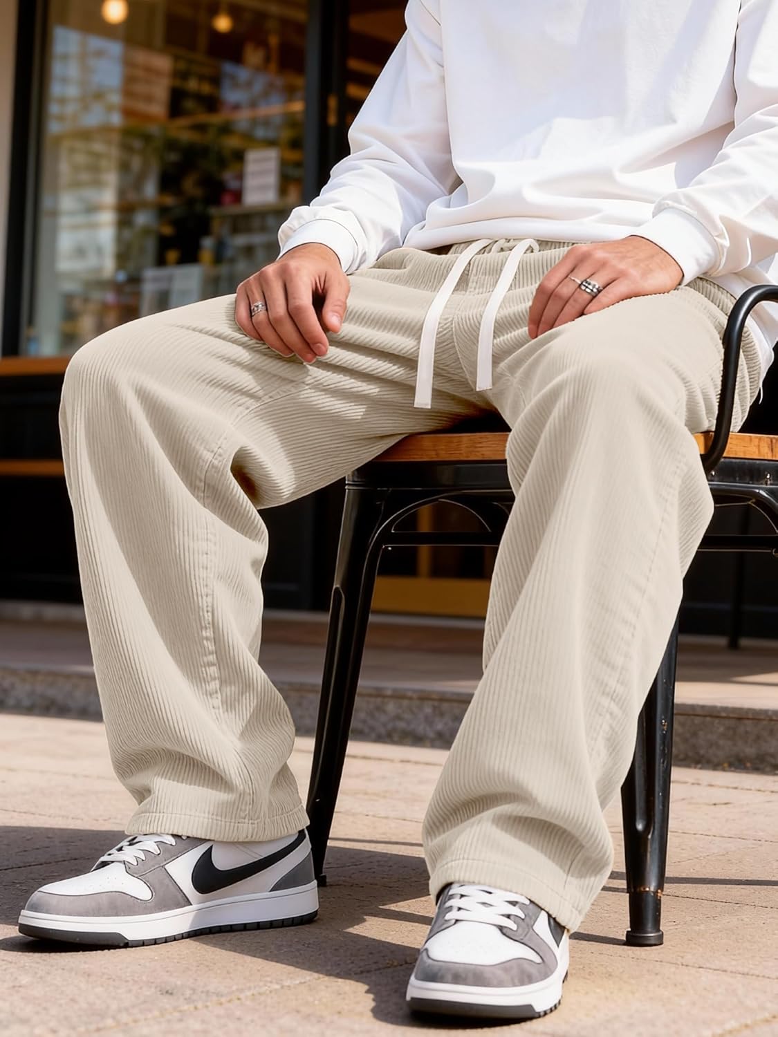 JEMLDL Mens Corduroy Pants Drawstring Elastic Waist Casual Pants Straight Baggy Sweatpants with Pockets - Image 4