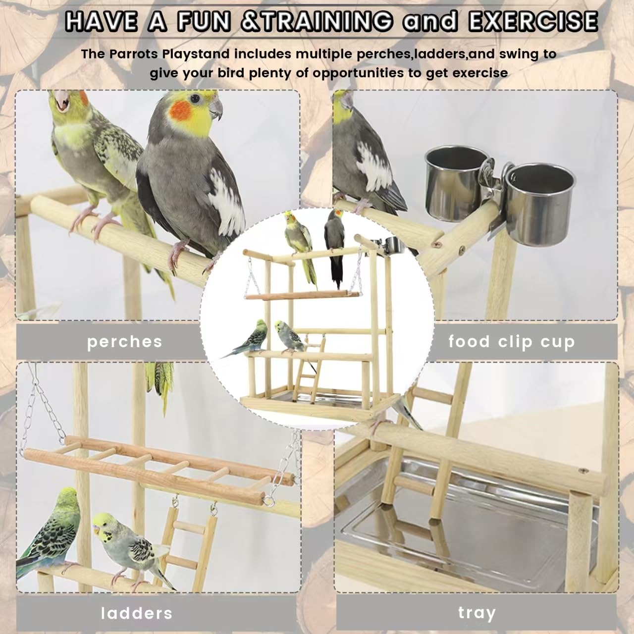 WishesMar Bird Playground Parrot Play Stand with Feeder Cup Swing Climb Ladder and Tray Budgie Playground Cage Exercise Gym Toys for Parakeets Cockatiel, Wooden, Size About 15.8x10.2x18.0 In #J - Image 4