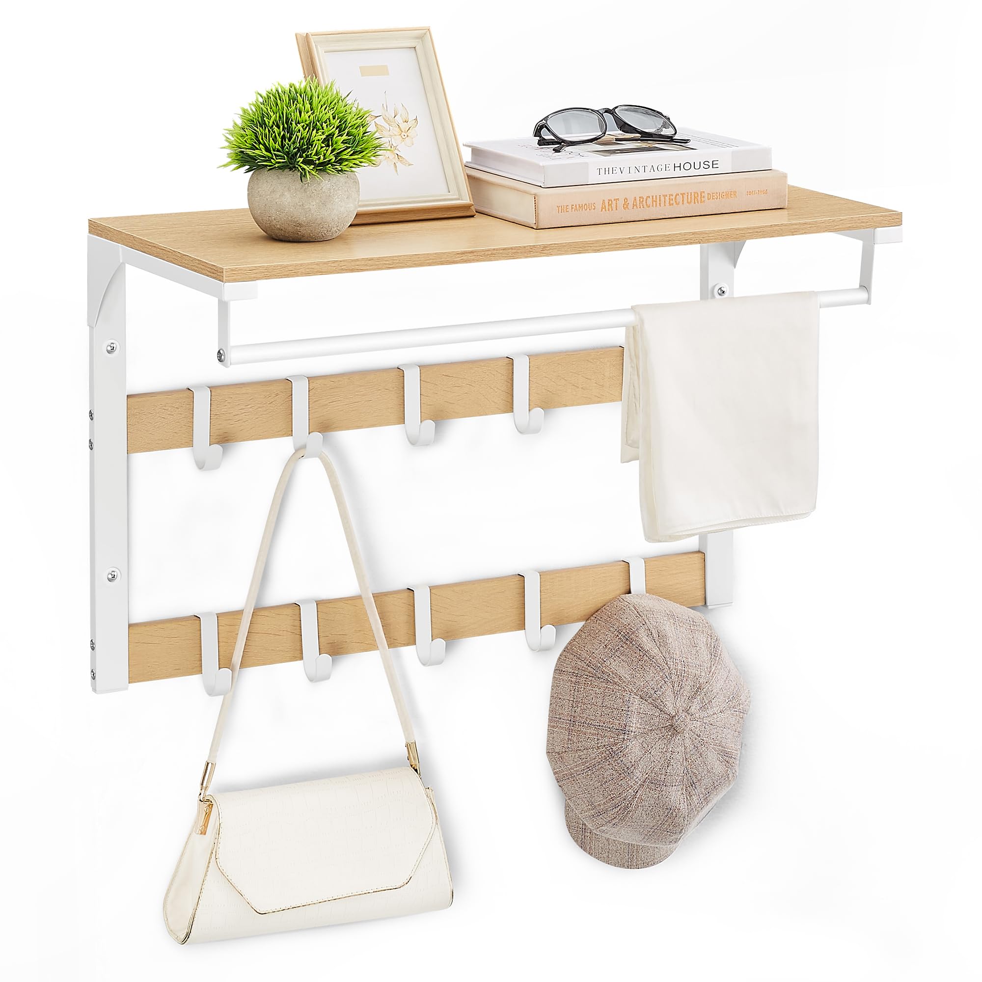 VASAGLE Wall-Mounted Coat Rack, Wall Shelf with 10 Removable Hooks, Clothes Rail, Coat Hooks with Shelf, for Entryway, Bedroom, Bathroom, Oak Colour and White LCR101W09