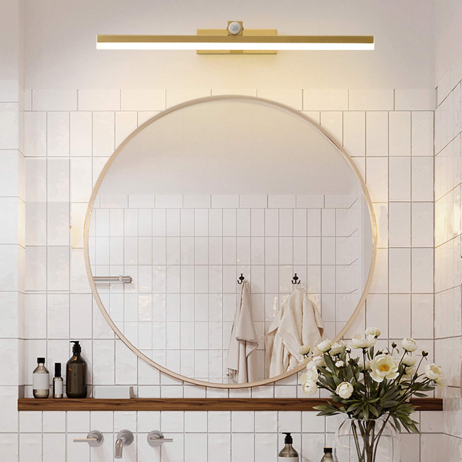 Luces de baño sobre espejo con sensor de movimiento, luz frontal de espejo LED de latón, blanco neutro de 4000 K, luces de gabinete de espejo dorado, luz de imagen moderna para restaurante de hotel,