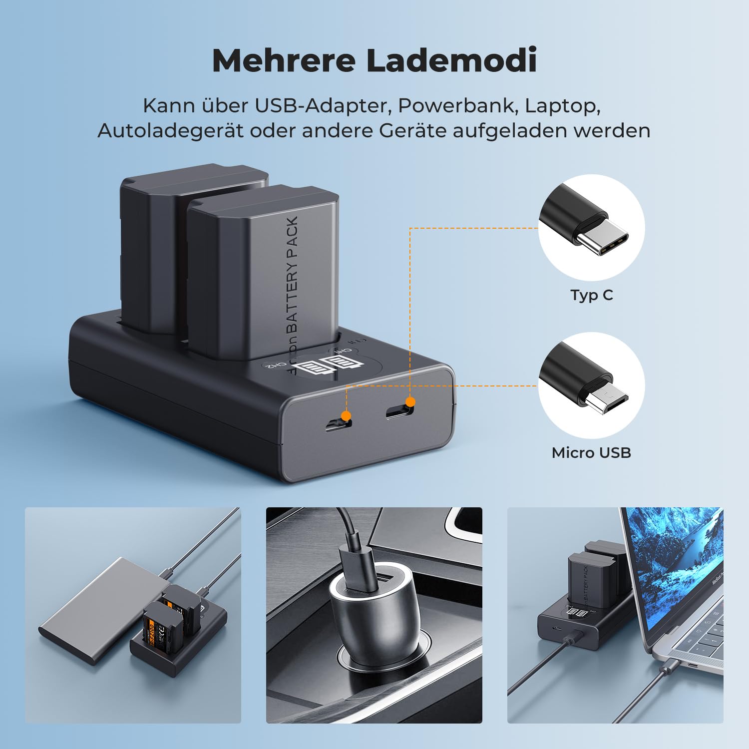 K&F CONCEPT NP-FZ100 mit hoher Kapazität 2600mAh Zwei Akkus und EIN Ladegerät,2er Pack Batterien für Sony Alpha A7III,A7IV,A7R III/A7R3,A7RIV,A7RV,A7C,A7S III/A7S3,A9,A9II,A6600,A9R,A9R,9S,FX3,FX30