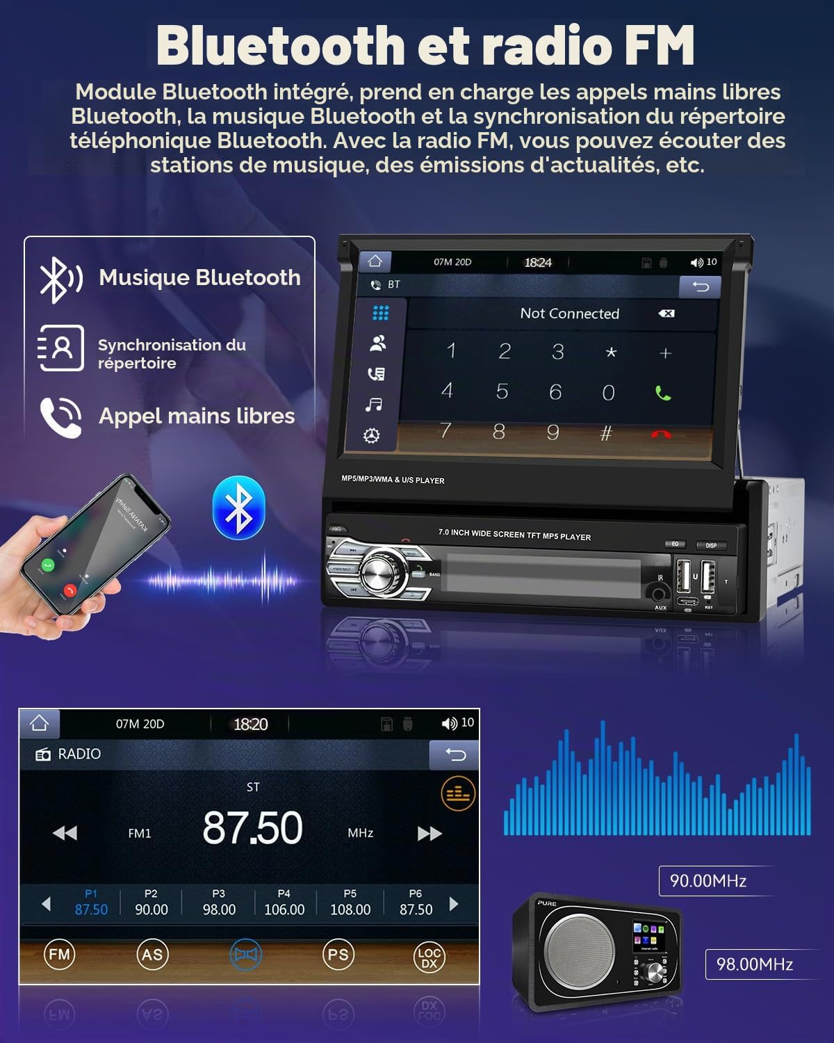 Hikity Autoradio 1 Din Carplay Android Auto, 7 Pouces | sans Fil, Écran Tactile Rétractable, Poste Radio Voiture, Bluetooth Port USB Type-C AUX FM RDS, Caméra de Recul