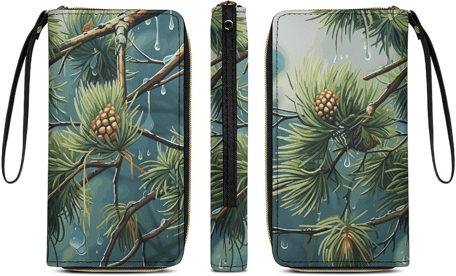 Womens Wallet Pine Tree Raindrops Printed Wristlet Wallets for Women Large Capacity Credit Card Holder Ladies Phone Clutch Leather Zip Around Clutch Wallet