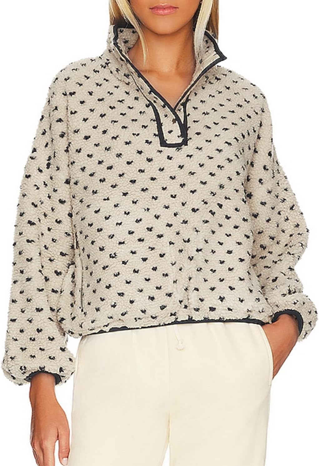 Womens Fleece Sweatshirt Half Zip Sherpa Pullover Jackets Warm Long Sleeve Vintage Hiking Coat with Pockets - Image 5