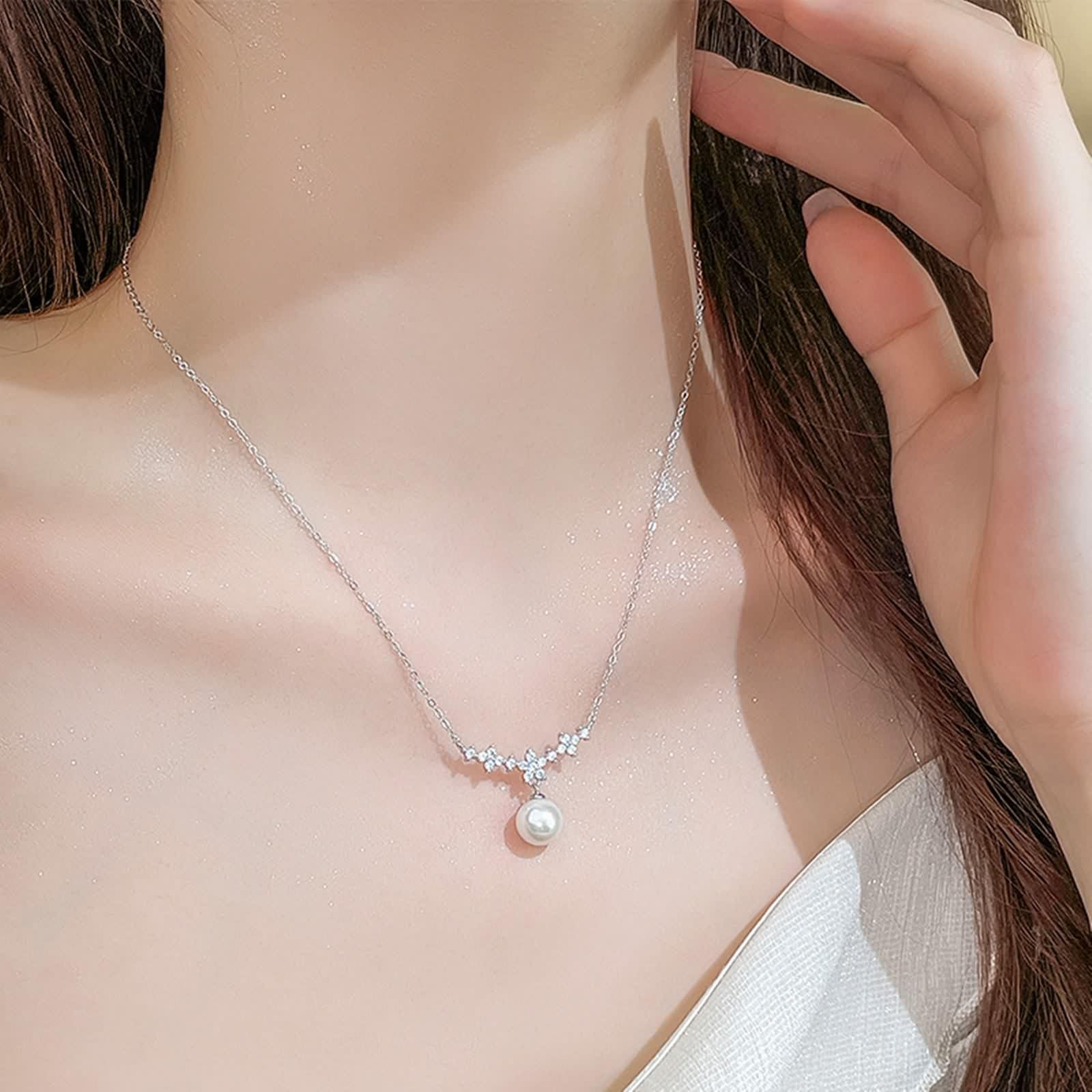 Naszyjnik z pereł w stylu vintage, naszyjnik damski łańcuszek 9K/14K/18K białe złoto z moissanitem elegancka kokarda i perła 8 mm 40+5 cm długość
