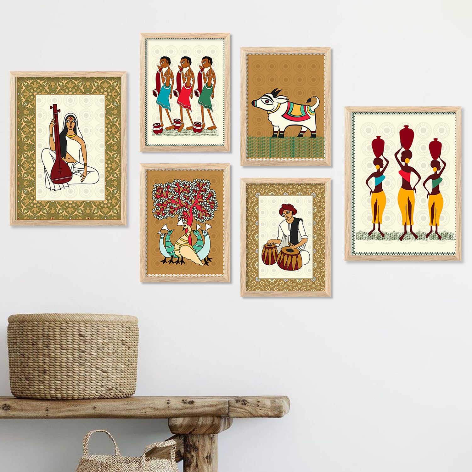 kotart Gond art Premium Digital Paintings with Frame for Home Decoration - Floral Painting for Living Room Bedroom Office Room Decor - Painting for Wall Decoration - Pack of 6 (G)