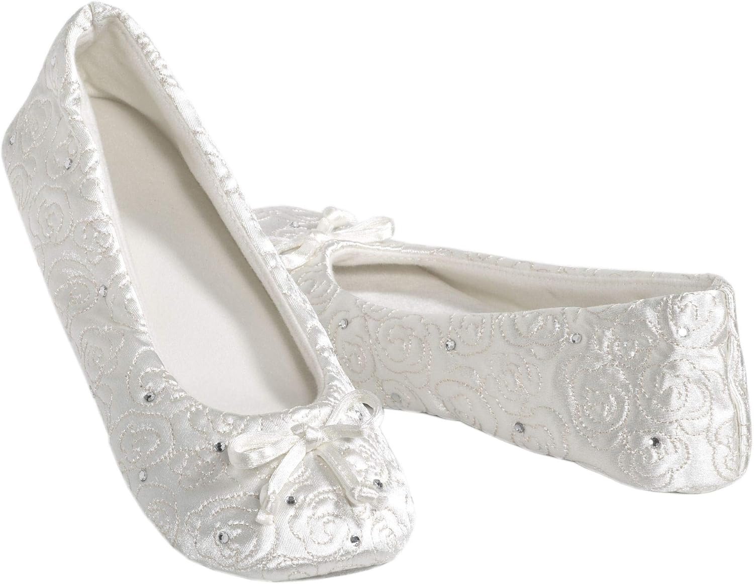 isotoner Women's Rose Quilted Ballerina Slippers With Rhinestone Embellishment and Genuine Suede Sole