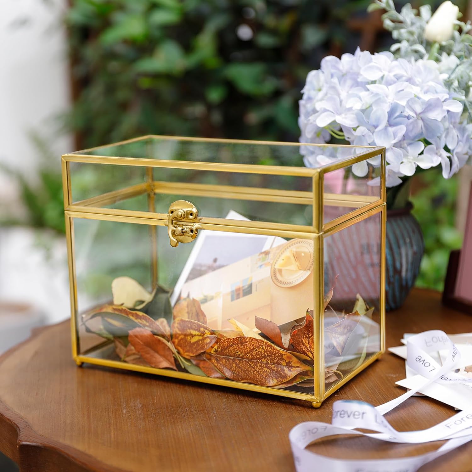 FISCRAT Wedding Card Box - Large 9.8x5.6x7.8 inch Wedding Card Box for Bridal Showers, Birthday Parties and Anniversaries, Clear Display Keepsake Box with Gold Brass Frame (Holds Over 150 Cards) A-Gold With Slot