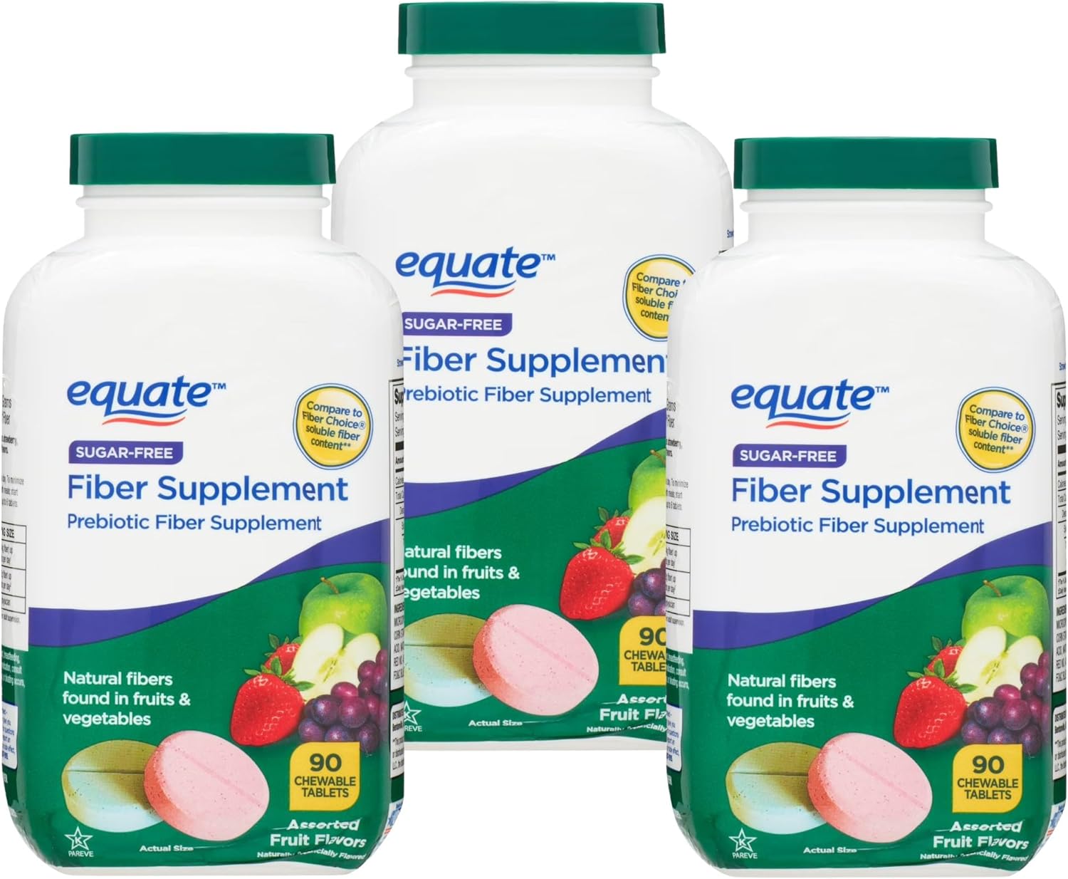 Daily Fiber Supplement Chewable Tablets – 90 Count, Sugar-Free Chews for Women and Men, High Fiber Content, Assorted Fruit Flavors, Chewable Tablets for Adults. (Pack of 3)