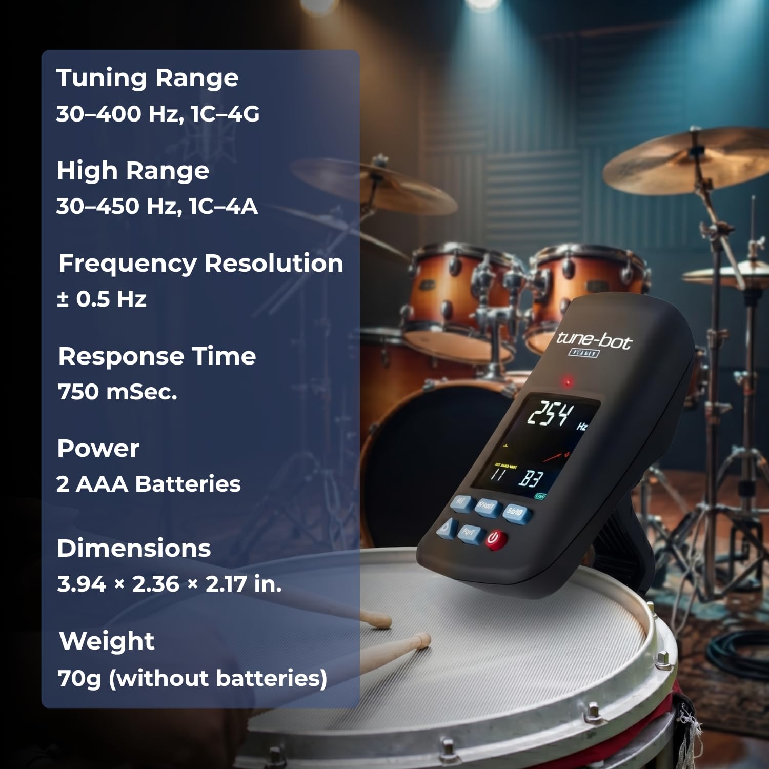 Tune-Bot Studio TBS-001 - Paquete de afinador de batería con funda de transporte rígida, dispositivo de afinación digital de batería, kit de afinación de tono para batería acústica, accesorios