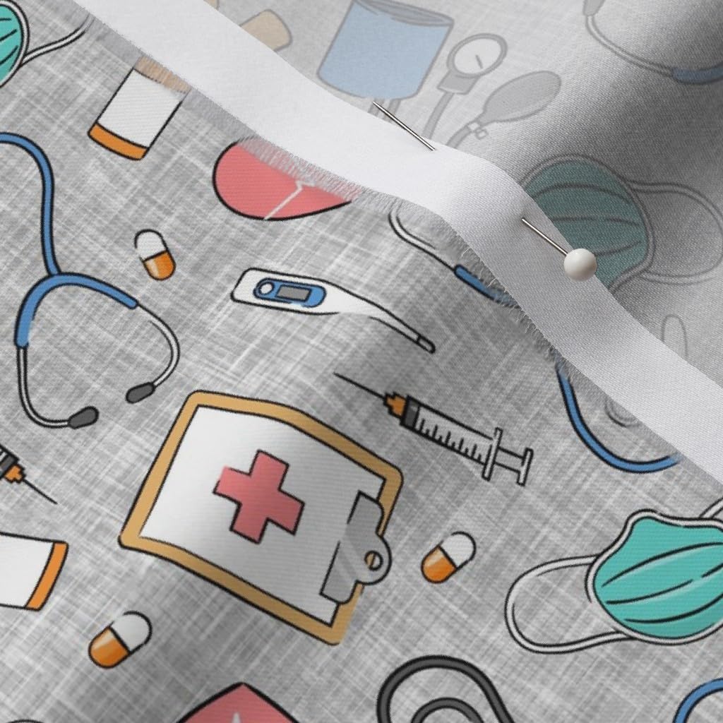 Spoonflower Fabric - Small Scale Medical Doctor Nurse Blue Pink Grey Medicine Nursing Printed on Organic Cotton Sateen Fabric by The Yard - Sewing Quilting Apparel Home Decor
